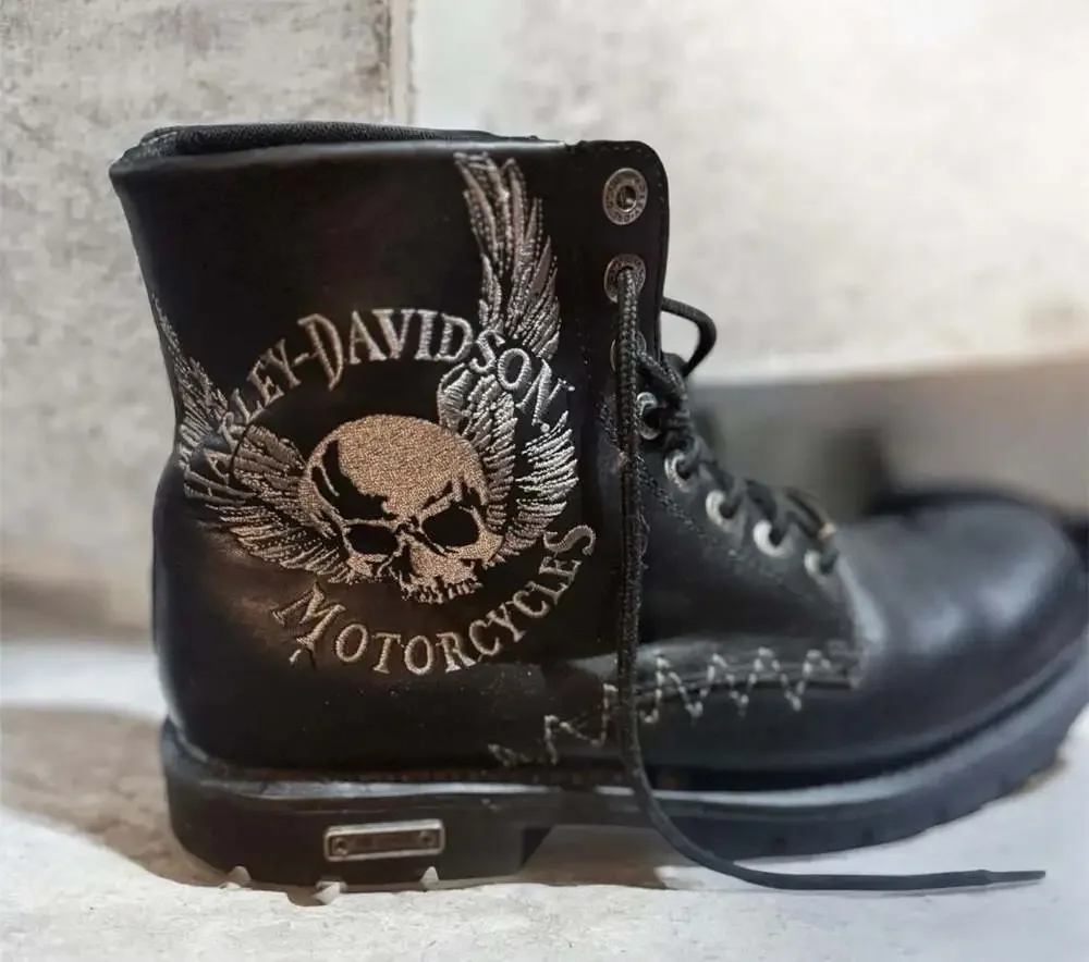Harley-Davidson Mens Black Leather Motorcycle Riding boots Skull Wings Size 10.5